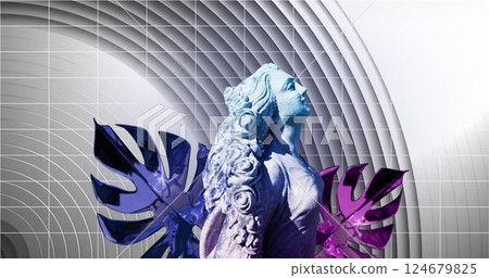 Abstract geometric shapes and grid image over statue with colorful wings 124679825