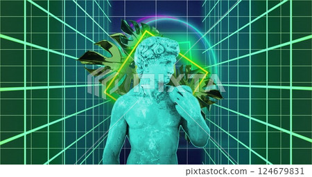 Green statue with geometric shapes and grid background, digital art image Green statue with geometric shapes and grid background, digital art image 124679831