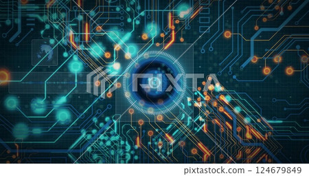 Circuit board and glowing nodes, futuristic technology image 124679849