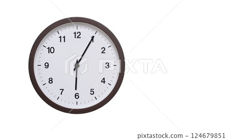 A simple round wall clock with a dark brown frame and a white face displaying 06:05/18:05. Isolated on a white background, perfect for time-related concepts, deadlines, and schedule themes. 124679851