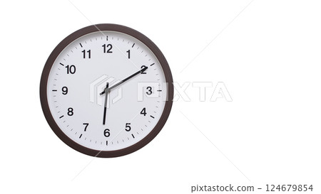 A simple round wall clock with a dark brown frame and a white face displaying 06:10/18:10. Isolated on a white background, perfect for time-related concepts, deadlines, and schedule themes. 124679854