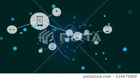 Lock and shield icon with connected media icons, cybersecurity image 124679869