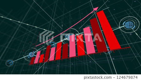 Rising bar chart and upward arrow image over digital grid background Rising bar chart and upward arrow image over digital grid background 124679874