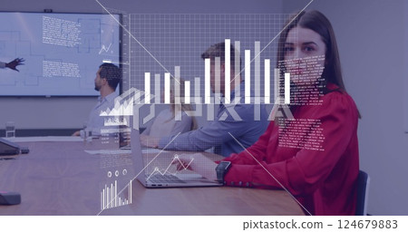 Image of data processing over diverse colleagues at meeting in office 124679883