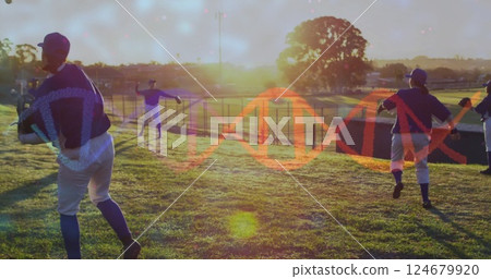 Baseball players practicing on field with DNA strand image over scene 124679920