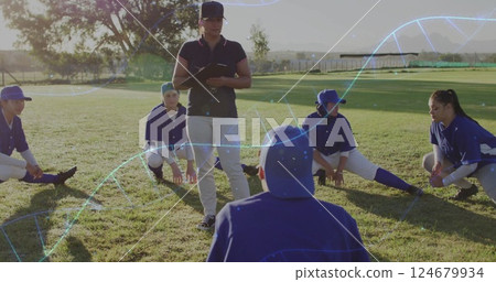 Coach instructing baseball team, data processing image over players on field Coach instructing baseball team, data processing image over players on field 124679934