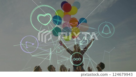 Social media icons and network connections image over people celebrating with balloons 124679943