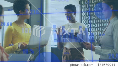 Business data visualization image over diverse team discussing in office 124679944