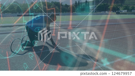 Runner preparing to start race over data processing image on track 124679957