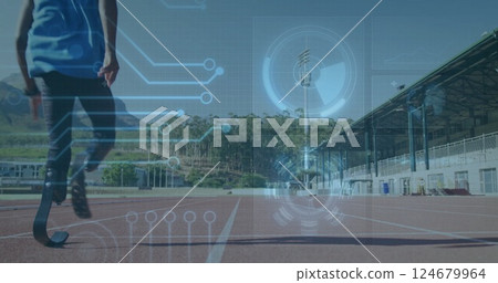 Running athlete on track with digital circuit and data analysis image 124679964