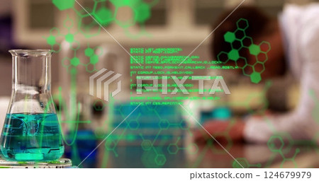 Chemical formulas and molecular structures image over scientist working in laboratory Chemical formulas and molecular structures image over scientist working in laboratory 124679979