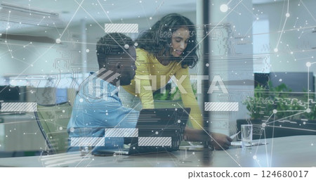 Digital interface and data analysis image over colleagues collaborating in office 124680017