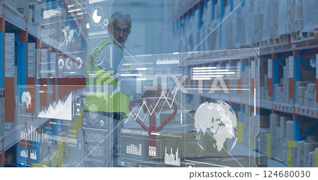 Warehouse worker using tablet, data analytics and logistics image over shelves 124680030