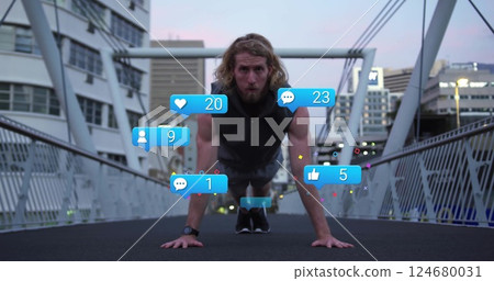 Doing push-ups on bridge, man with social media notifications image over Doing push-ups on bridge, man with social media notifications image over 124680031