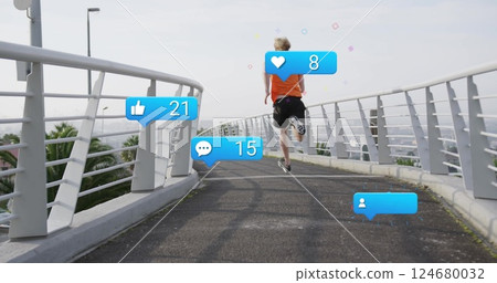Running on bridge, social media notifications image with likes, comments, and followers 124680032