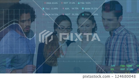 Financial data and stock market image over diverse business team discussing project Financial data and stock market image over diverse business team discussing project 124680048