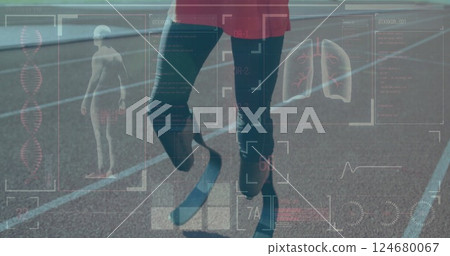Medical data and health monitoring image over athlete on running track Medical data and health monitoring image over athlete on running track 124680067