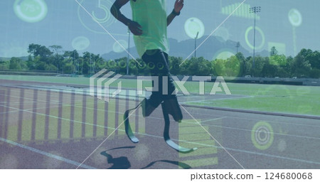 Running athlete with prosthetic legs, data analysis image over sports track Running athlete with prosthetic legs, data analysis image over sports track 124680068