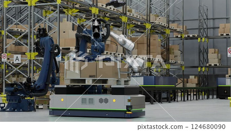 Image of robots and drones working in warehouse 124680090