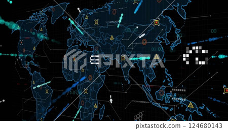 Image of digital data processing over world map on black background 124680143
