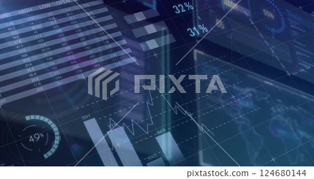 Image of digital data processing over screens on black background 124680144