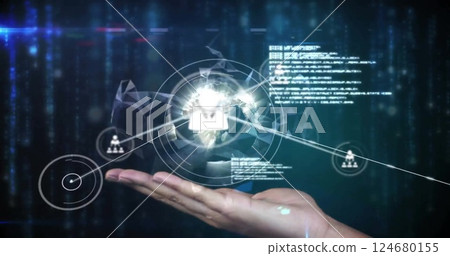 Image of network of connections with icons over hand with globe and data processing Image of network of connections with icons over hand with globe and data processing 124680155