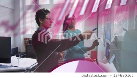 Image of data processing and diagrams over diverse colleagues discussing work in office Image of data processing and diagrams over diverse colleagues discussing work in office 124680165