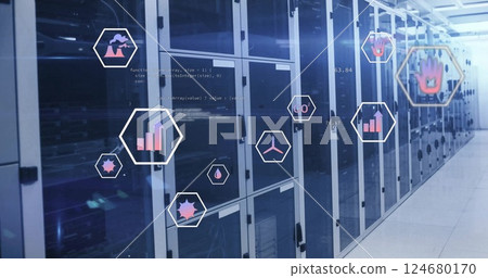 Image of data processing and ecology icons over server room Image of data processing and ecology icons over server room 124680170