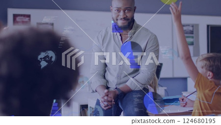 Image of data processing over diverse schoolchildren and male teacher in classroom Image of data processing over diverse schoolchildren and male teacher in classroom 124680195