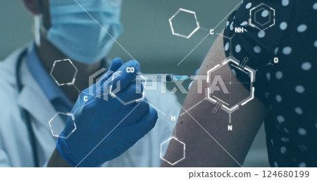 Image of chemical formula over biracial male doctor with patient taking vaccine 124680199