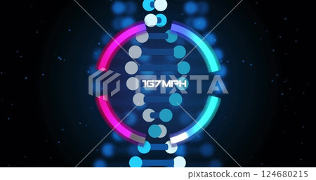 Image of speedometer interface with increasing speed over dna strand on black background 124680215