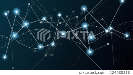 Image of glowing white network of connections over dna strand on black background Image of glowing white network of connections over dna strand on black background 124680218
