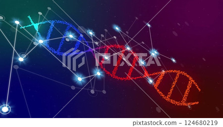 Image of glowing white network of connections over dna strand on dark background 124680219