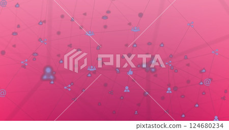 Image of network of connections with social media icons on pink background Image of network of connections with social media icons on pink background 124680234
