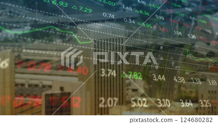 Image of diagrams and stock market over cityscape 124680282