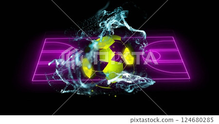 Image of neon stadium and football on black background 124680285