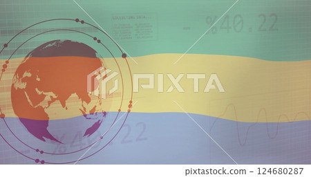Image of flag of gabon over globe, charts and processing data 124680287