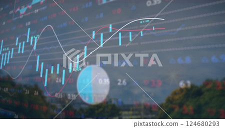 Image of diagrams and data processing over cityscape 124680293