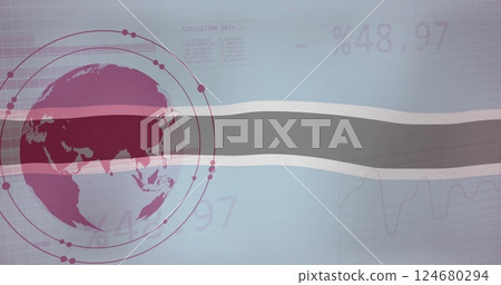 Image of flag of botswana over globe, charts and processing data Image of flag of botswana over globe, charts and processing data 124680294