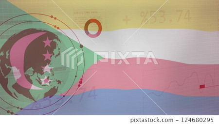Image of flag of comoros over globe, charts and processing data Image of flag of comoros over globe, charts and processing data 124680295