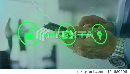 Image of media network over hands of caucasian businessman using smartphone 124680306