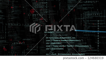 Image of blue lines and red cursors over layers of data processing on black background Image of blue lines and red cursors over layers of data processing on black background 124680319