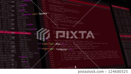 Image of red lines over data processing on dark background 124680325