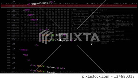 Image of red lines and security warnings over data processing on black background 124680332