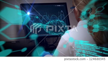 Image of light and medical data processing over caucasian female scientist working at computer 124680345