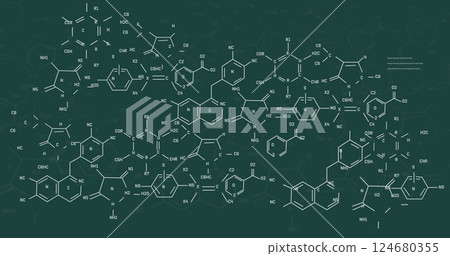 Image of chemical formula and data processing on green background 124680355