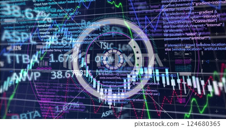 Image of circular scanner with charts and processing data on dark background Image of circular scanner with charts and processing data on dark background 124680365