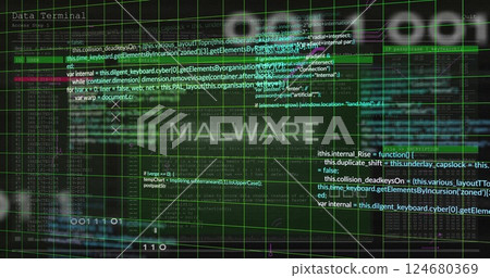 Image of malware text, network and processing data over grid on dark background Image of malware text, network and processing data over grid on dark background 124680369