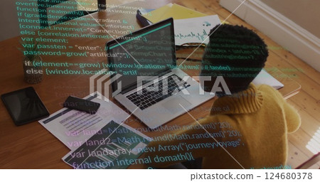 Image of data processing over african american woman using laptop working from home 124680378