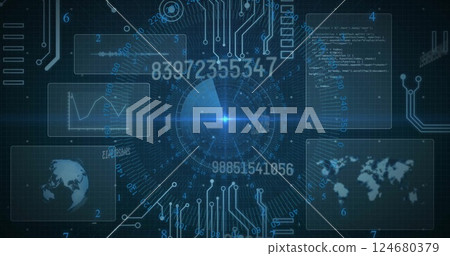 Image of circuit board and digital data processing over black background Image of circuit board and digital data processing over black background 124680379